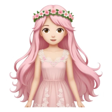 pastel anime woman with pink and white lace dress full body and long hair with flower crown sticker