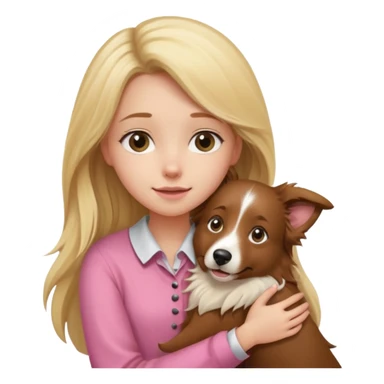 Garota loira fofa de cabelo comprido usando uma blusa rosa abraçando um border collie marrom  sticker