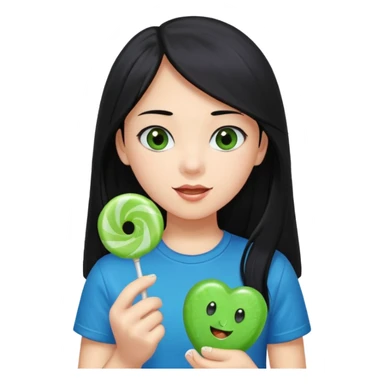 A girl with long black hair and black eyes wearing a blue t-shirt holding a piece of green hard candy in one hand and a green candy wrapper showing a guava on it in the other hand sticker