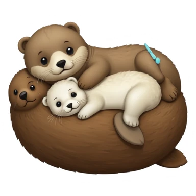 tiny white seal laying on a big brown bear’s belly sticker
