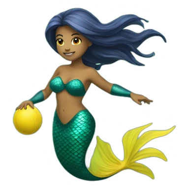 Underwater mermaid swimming with fins, snorkel equipement, holding a small yellow ball, looking strong and fighting sticker