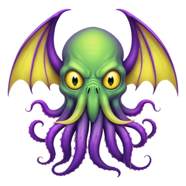 light green Cthulhu with purple bat wings and purple gradient tentacles. Yellow angry eyes. yellow suckers on tentacles. dramatic ominous shading sticker