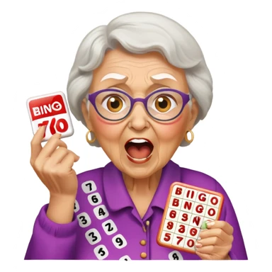 Grandma yelling BINGO holding bingo card sticker