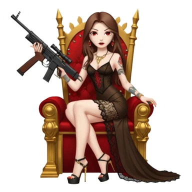 Lilith female red eyes symbol. Tattoo arms. Her hair is brown straight long hair.wearing sexy long  lace dress with slit. black stiletto platform high heels shoes on. Sitting on gold throne with rubies sniper rifle in one hand cash in other hand sticker