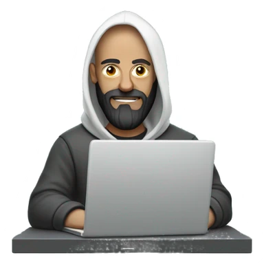 heavy set white bald guy with long dark beard in a hoodie behind a laptop sticker