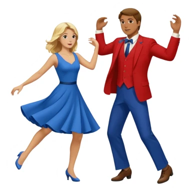 Two people. Man wearing all  RED with brown hair. Women  ALL blue with blond hair. Swing Dancing.  sticker