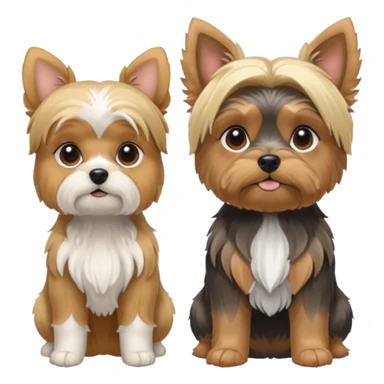 Generate a blue and tan purebred yorkie with a blonde shi tzu yorkie mix with floppy ears sitting next to each other. Make them the same soze sticker