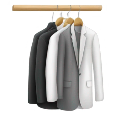 Design an emoji-style icon of an open wardrobe with clothes hanging inside. Include details like a wooden frame, hangers, and only black or white different clothing items such as shirts or any other clothing . Use a clean and minimalistic design. sticker