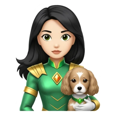 female green power ranger with wasian features, long black hair, and a fully light brown cockapoo dog at her side sticker