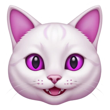 White cat happy smiling with teeth showing, light pink inner ears, magenta purple eyes, looks like discord's :smiley_cat: emoji sticker