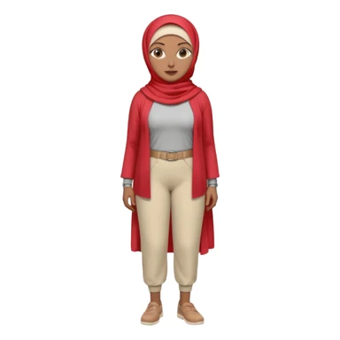 Heavy-set woman with medium-brown skin wearing a light red hijab, cream top, light red pants, tan shoes, and a grey prosthetic leg. Standing confidently with one hand on her hip sticker