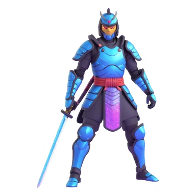 cyborg male samurai in neon cyberpunk environment with holographic armor sticker