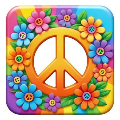 Beveled square shaped psychedelic colored button with rainbow colored hippie style 3D flowers and a peace sign in the center sticker