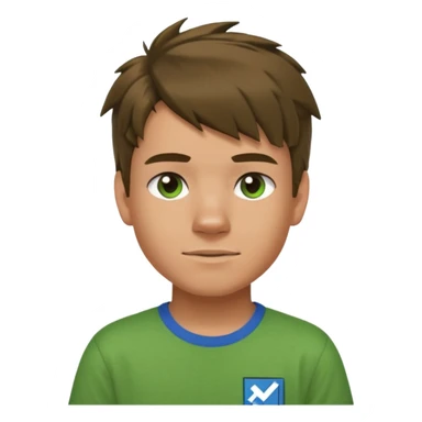 A 14 yerar old teenage boy, slightly tanned, wearing a green minecrcaft tshirt, blue jeans and green sneakers with brown tousled hair, smirking sticker