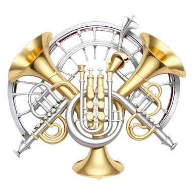 Create a festive and elegant emoji collage featuring a bouquet or fan of brass instrument bells (trumpets, saxophones, trombones, etc.) arranged in a radiant, symmetrical pattern. The instruments should have polished, golden and silver finishes, with their large, shiny bells forming a beautiful, fan-like display. Include a flowing ribbon of musical notes swirling through the center, conveying movement and melody. The background should feature a deep red velvet texture, adding a touch of luxury and sophistication. The overall composition should be balanced, with an elegant and regal feel, with a transparent background to keep focus on the instruments and musical elements. sticker