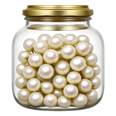 clear glass jar filled with small white pearl onions submerged in clear brine, rounded jar with metal lid, tightly packed contents visible through transparent sides, onions smooth glossy slightly translucent, no label no fork no garnish, closed jar, soft lighting, subtle shadows, emoji scale sticker