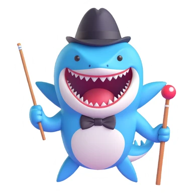 Add a cane to the cartoon shark with a black top hat, keep the 3D emoji style, no background. sticker