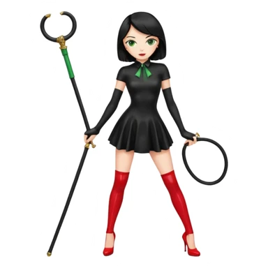 🕵🏻‍♀️💦🧥 black hair , green eyes , full body , red high heels , whip , black latex dress sticker