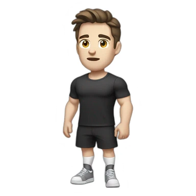 Confused Pale skinned Fit Man With the biceps and dark brown hair in black shirt, gray sports shorts and white Sneakers sticker