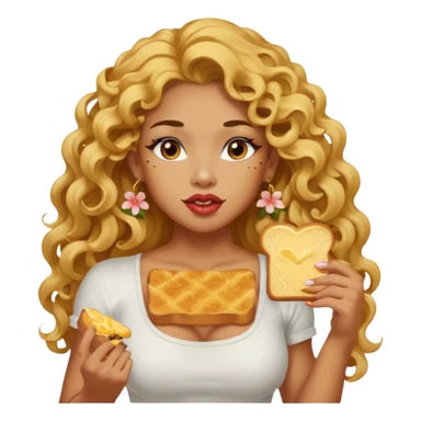 sexy and muscled tanned asian girl, long golden curly hair, makeup and floral tattoes, earrings, bored face, eating toast with butter sticker
