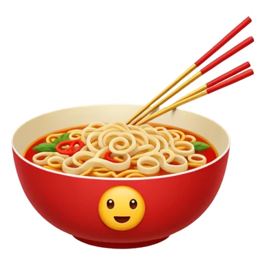 Chinese cuisine humanless avatar in bright emoji-style illustration. Noodles bowl, red and gold colors, simple shapes, flat design, bold and energetic. sticker