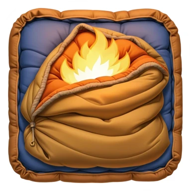 Cinematic Realistic Sleeping Bag, plush and slightly wrinkled, rich fabric texture catching the firelight, glowing with warmth and inviting coziness, nestled within a peaceful campsite. sticker