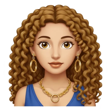 attractive Greek woman with long curly hair and light skin wearing gold hoop earrings and a gold necklace sticker