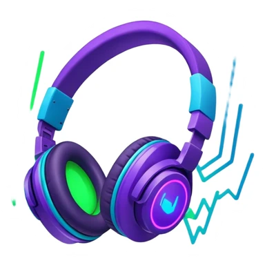 Create a creative and technical emoji that represents sound design. The design should feature a soundwave, a pair of studio headphones, and an audio synthesizer or soundboard to symbolize the manipulation and creation of unique soundscapes. Add subtle elements like audio cables, a mixing console, or a waveform to reflect the technical aspect of sound design. Use vibrant, futuristic colors like neon blue, purple, and green to represent innovation and creativity in sound. The background should be transparent. sticker