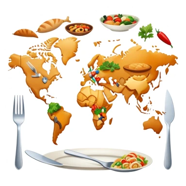 Icon for Culinary Tourism: a world map with food elements like a fork, knife, and dish, surrounded by iconic dishes from various countries. The icon should represent the exploration of global cuisines and travel experiences. Transparent background. sticker
