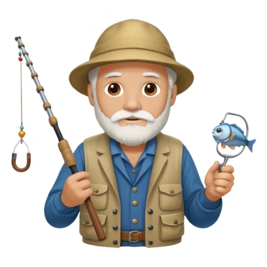 an old white haired, bearded man in fisherman attire, sat in a big boat on a calm sea, holding one fishing rod in one hand, with the end of the fishing line touching the water sticker