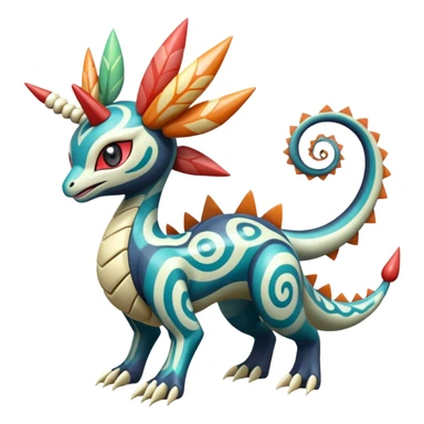 zig-zag-patterned clownish colorful exotic fruity tribal tropical hot swirl-marked Meloetta-Dialga-Salamence-Giratina-Noivern-Pokémon-Fakémon-fusion-hybrid-creature sticker