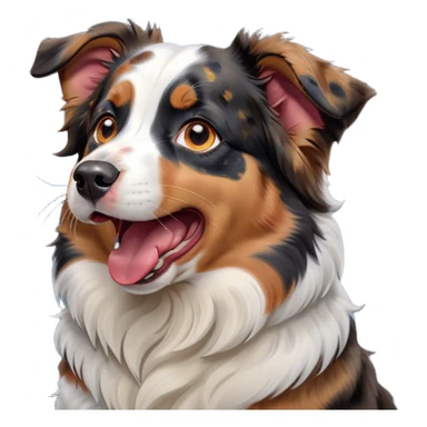 Cinematic Cute Yawning Calico Australian Shepherd Portrait Emoji, Head tilted slightly with a dramatic, wide-open yawn, predominantly white coat with vibrant black, tan, and red calico merle patches, floppy ears slightly drooping, round blue eyes barely open in drowsy contentment, Simplified yet irresistibly adorable features, highly detailed, glowing with a soft, cozy glow, high shine, relaxed yet expressive, stylized with a touch of whimsy, bright and endearing, soft glowing outline, capturing the essence of a sleepy yet affectionate pup, so drowsy it feels like it could stretch right out of the screen and curl up for a nap! sticker