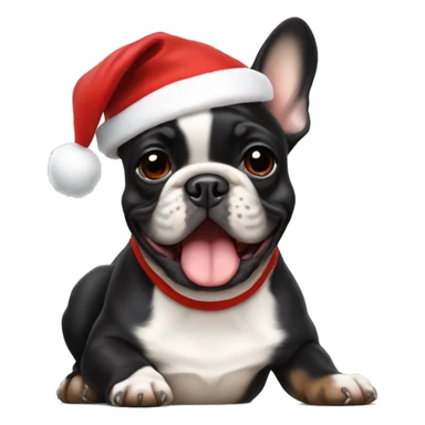 A small, black-and-tan French bulldog with a mostly black face and tan paws, wearing a classic red and white Santa hat, sitting happily with its tongue slightly out. sticker