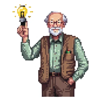 elderly man pointing his finger up at a light bulb, pretending that he has an idea sticker