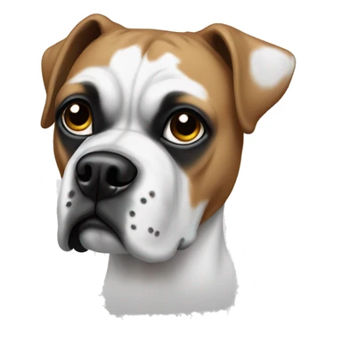 White boxer dog with one black eye sticker