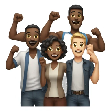 3 friends celebrating, 2 men and 1 woman, some of them with their arms raised sticker