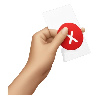 a yellow hand with no nail polish, holding a white card with a red percentage symbol in the middle sticker