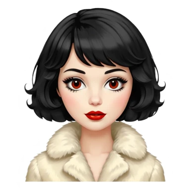 Alluring 1960's mod French girl french shiny black wavy textured bob haircut tousled hair red lips wearing cream fur coat sticker