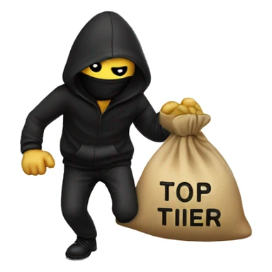 Thief wearing all black clothes actively stealing a money bag with the words Top Tier embroidered on it sticker