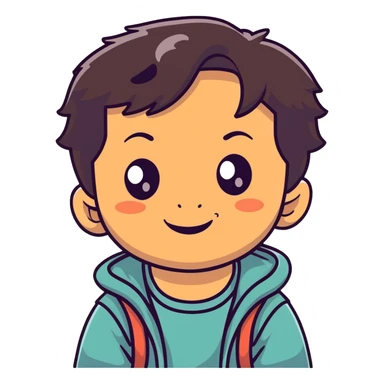 close-up of round smiling toddler boy face only with big eyes, medium skin tone, dark wavy hair, no neck visible, just the face sticker