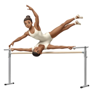 Professional gymnast performing a dynamic routine on parallel bars, captured mid-air in an elegant flip. The background features a well-lit gymnastics arena with a cheering audience. The athlete's posture and expression convey strength, control, and perfect coordination. sticker