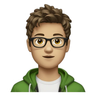 A 13 year old boy with brown hair and black square glasses standing and wearing baggy jeans and white sneakers and a green sweatshirt sticker