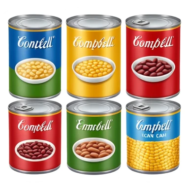 Four different canned food items in a row, soup can, beans can, corn can, tuna can sticker