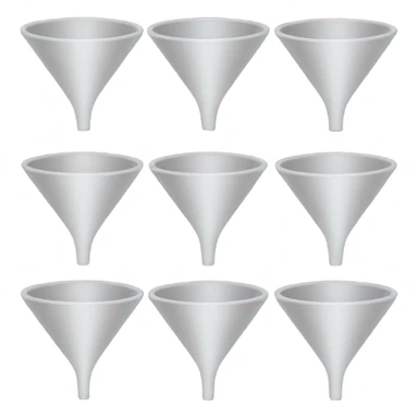 Create a sales funnel image with stacked layers in an emoji style, using simple, rounded shapes, without color or text. Include a Euro symbol (€) on each layer. The funnel should taper from top to bottom, each section showing a basic emoji-like design. sticker