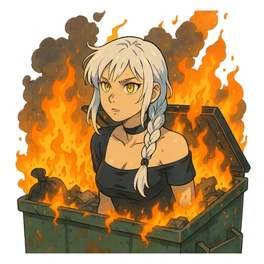 she is poking out from a garbage dumpster, fire, garbage fire, everything is on fire, a closeup portrait of young woman with gold yellow eyes, white hair, long braid, black off-shoulder top d-cup, punk gothic style, futuristic cyberwave cyberpunk, sticker