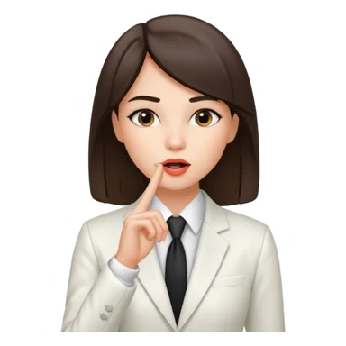 brunette girl wearing a white suit, with straight hair, making a "be quiet" gesture sticker