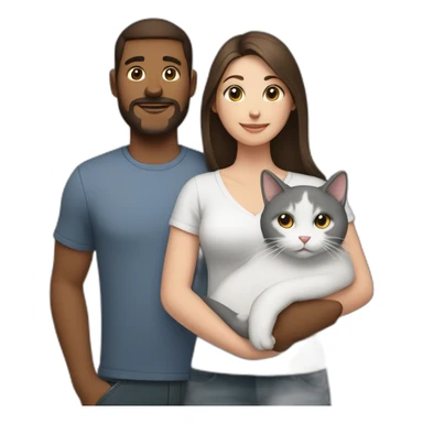 white brun man and brunette woman with a fat gray cat in their arms sticker