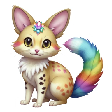 realistic  opal-bloom pearl-white fur blooming with rainbow firefly shimmer beautiful elegant pretty precious cute  Fakémon-Pokémon-opossum-feline-serval-caracal-chinchilla-Furret-Minccino-hybrid-creature with a big fluffy bushy tail (full body) sticker