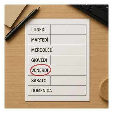 weekly calendar sheet in Italian, days from Monday to Sunday, Friday circled in red, top view, realistic style, 4K details, desk environment sticker