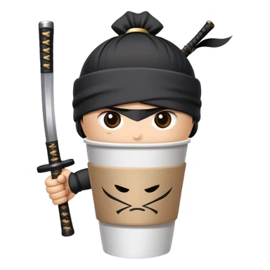 A paper coffee cup with arms and eyes, wearing a black ninja headband and wielding a samurai katana sticker